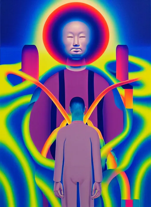 Image similar to meditaiting men by shusei nagaoka, kaws, david rudnick, airbrush on canvas, pastell colours, cell shaded!!!, 8 k