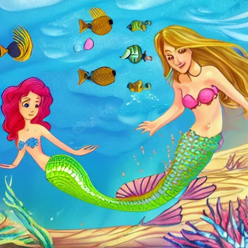 Prompt: A mermaid in the sea, drawing for children, professional video game studio quality