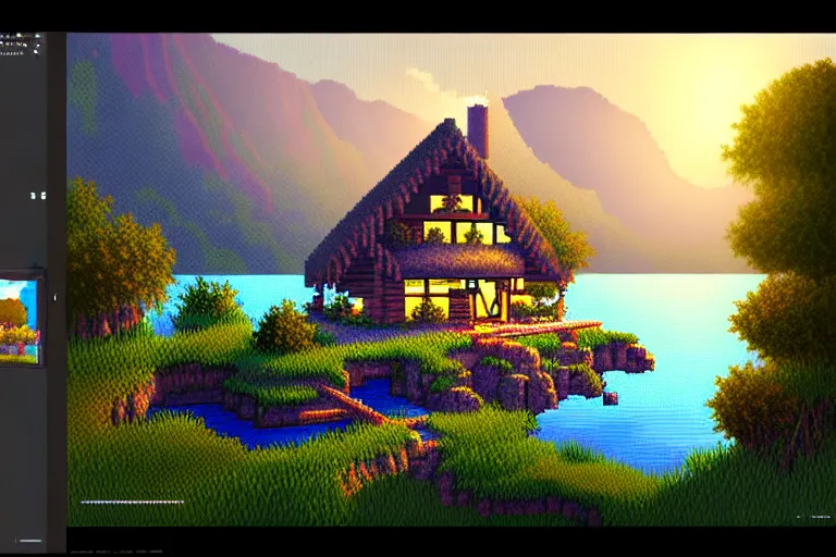 Image similar to view of a cottage above an azure lake, beautiful detailed pixelart by waneella and by albertov, intricate details, beautiful, volumetric lighting, cgsociety, artstation