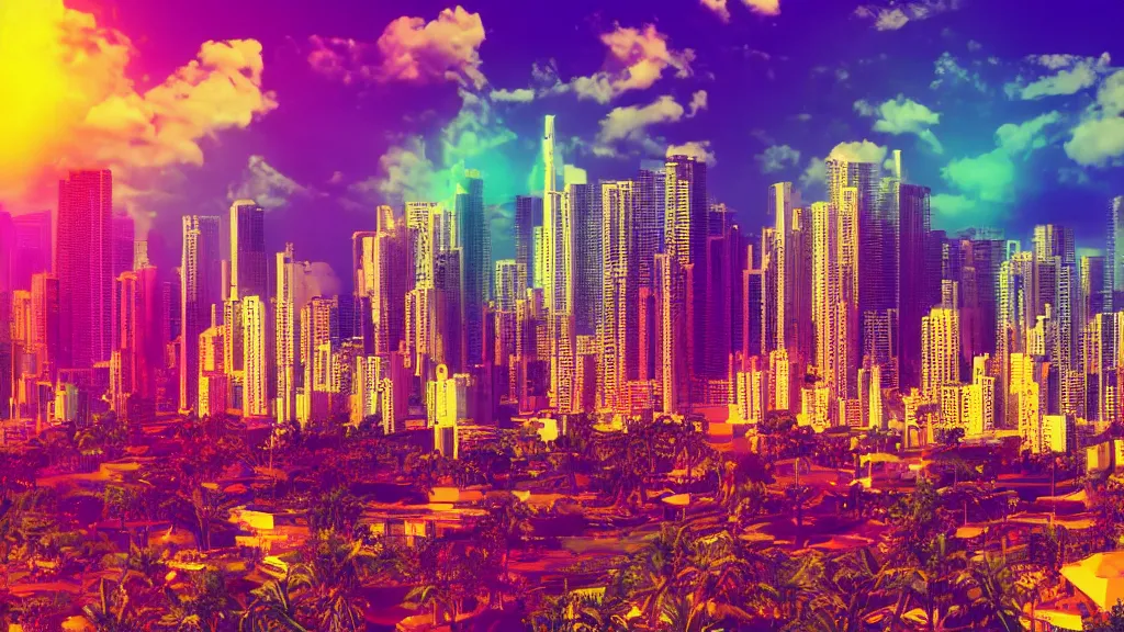 Image similar to golden city in a vaporwave jungle, 4k, ultra realistic, colorful, award winning photograph