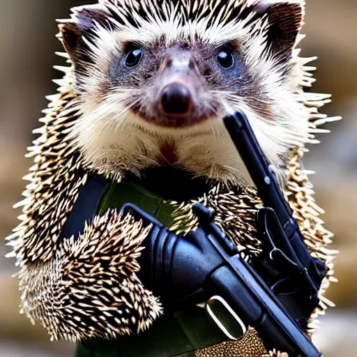 Image similar to still image of a hedgehog wearing body armor, hedgehog soldier, the hedgehog is holding a rifle, photo