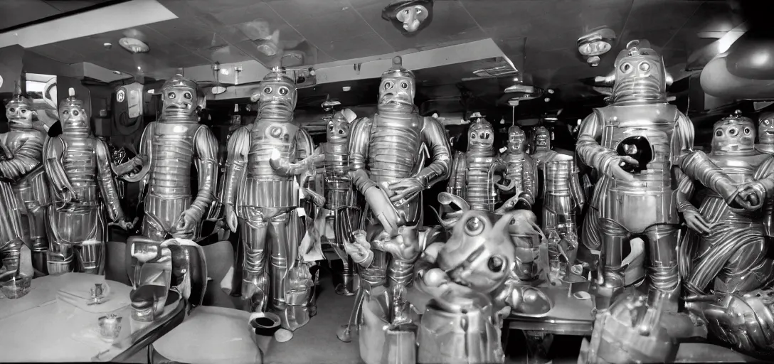 Image similar to cybermen and daleks and happy families eating fast food, inside a vintage fast food restaurant, kodak Ektachrome 10, 15mm wide angle close up