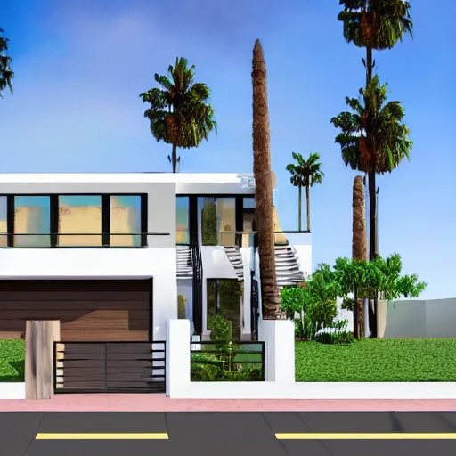 Prompt: front elevation of a 3 story modern house, los angeles, palm trees, colorful markers on sketch paper, drawn by artist