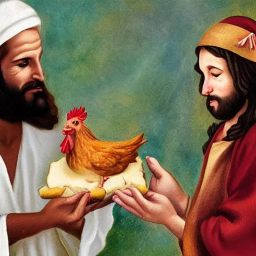 Image similar to jesus handing over a chicken to you as a present