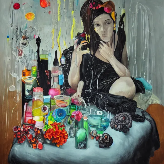 Prompt: black, portrait of a female art student in a hospital bed, sensual, smashed bottles, radio, wilted flowers, squashed berries dripping, octopus, scientific glassware, dripping paint, candlelight, neo - impressionist, surrealism, acrylic and spray paint and oilstick on canvas