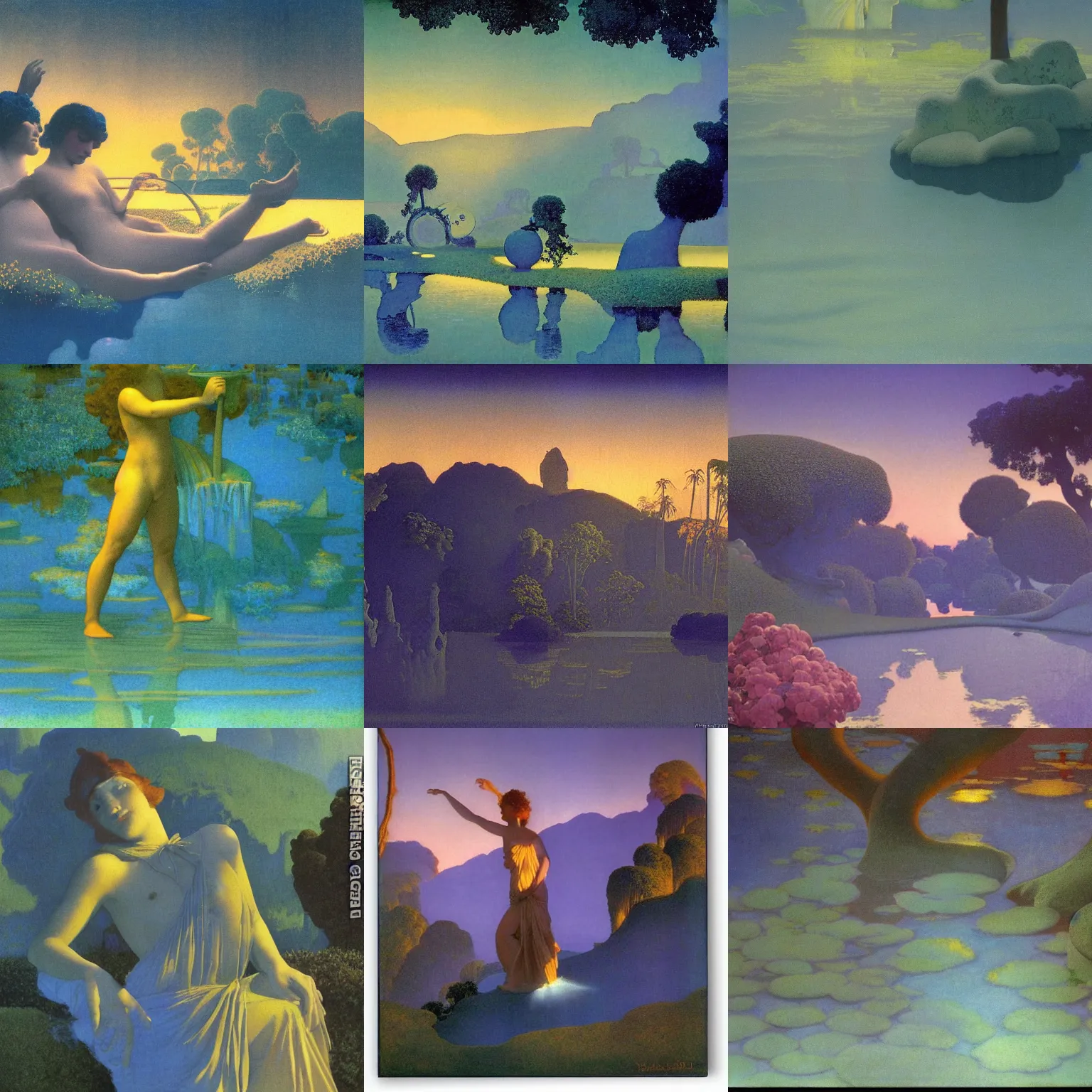 Prompt: closeup fantasy with water magic, at gentle dawn blue light, by maxfield parrish