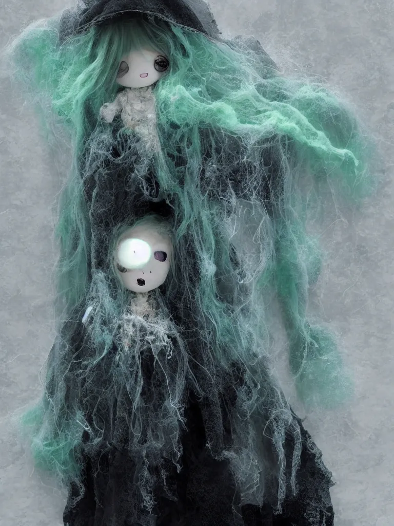 Image similar to cute fumo plush smiling ectoplasmic jellyfish ghost girl lingering in deep fog over mysterious waters, patchwork doll chibi gothic maiden in tattered melting rags, glowing wisps of hazy green smoke and eerie blue volumetric fog swirling about, moonlight, glowing lens flare, black and white, vray
