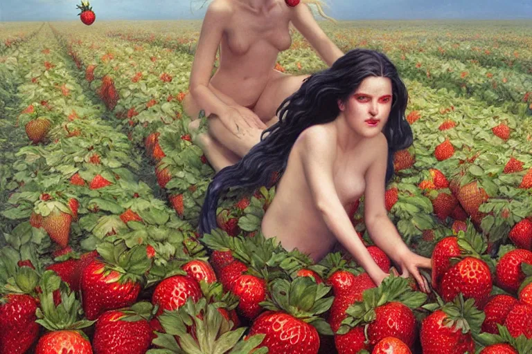 Prompt: strawberry fields forever. painting by gerald brom and and greg rutkowski