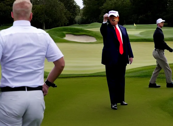 Image similar to front view of a single Donald Trump wearing handcuffs escorted by two young FBI agents wearing uniforms at golf course, photo by Alex Webb, press photo, Reuters media