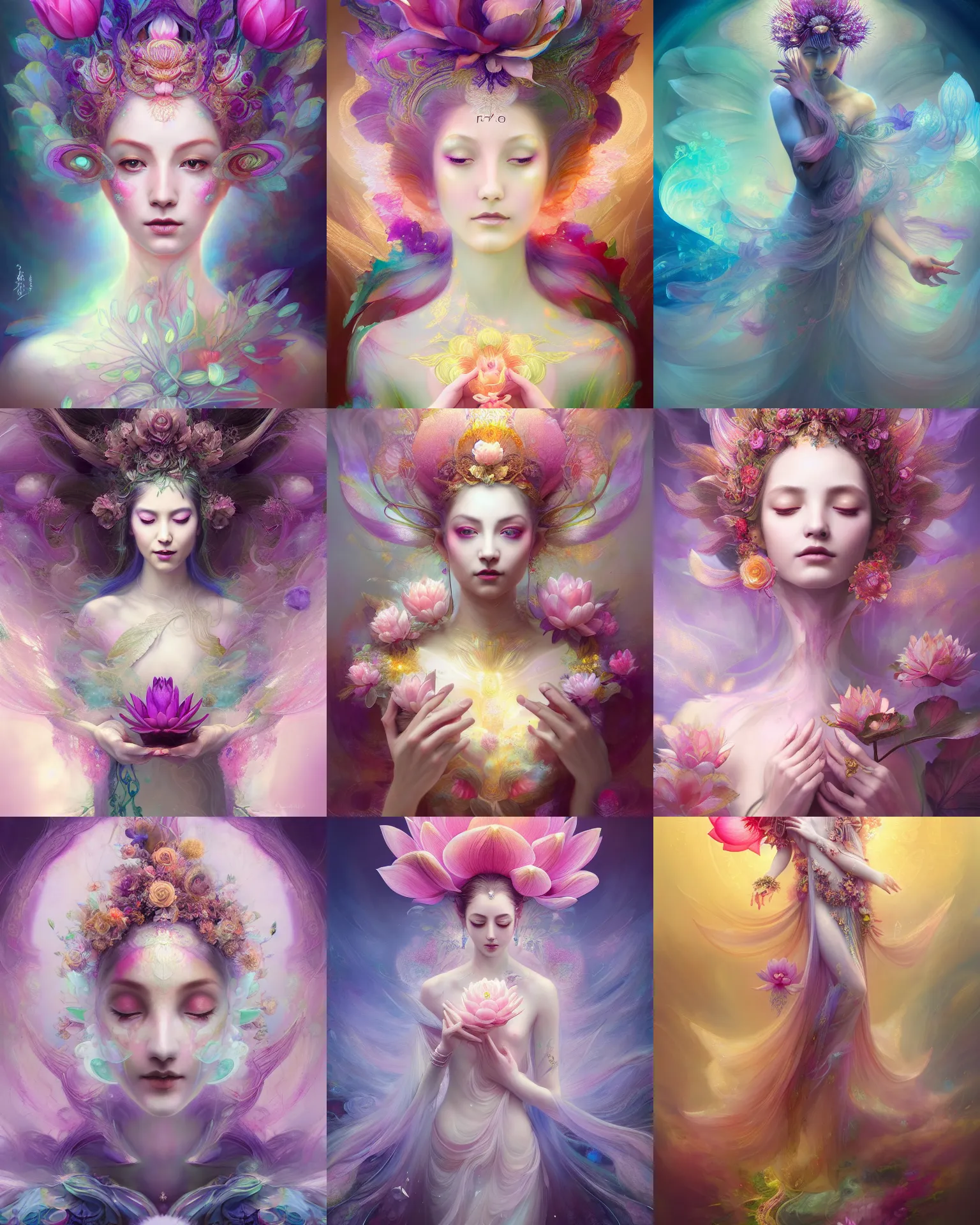 Prompt: Full View Portrait Mystical ethereal lotus flower deity wearing beautiful dress, lotus flower Dryad beautiful dress, spirituality, 4k digital masterpiece by Anna Dittman and Ruan Jia and rossdraws, Alberto Seveso, fantasycore, Hyperdetailed, realistic oil on linen, soft lighting, Iconography background, featured on Artstation
