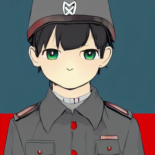 Prompt: beautiful little boy in nazi uniform posing while hold an whip. red, green, blue and gray pallet color. made in abyss art style, inspired by kris from deltarrune, cute detailed artwork, anatomically correct, soft details, ilya kuvshinov, reflection, perfect composition, profile picture, illumination, digital art, detailed anime soft face