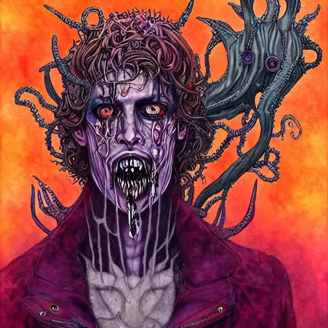 Prompt: symmetrical, complex, copic markers, spiritual horror lsd art in muted colors, disturbing grunge still of a lovecraftian demon infested guy flirting with you, by arthur adams, by tom bagshaw, by henry asencio, by kikuchi hideyuki