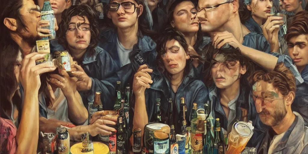 Image similar to beautiful oil matte portrait painting, 8 0 s punks sitting on the berlin wall drinking bottles of beer, boombox on the side, wonderful masterpiece highly detailed, beautiful cinematic light deep focus, elegant, digital painting, smooth, sharp focus, golden ratio, dramatic illumination, ultra realistic, 8 k, art by jimmy law