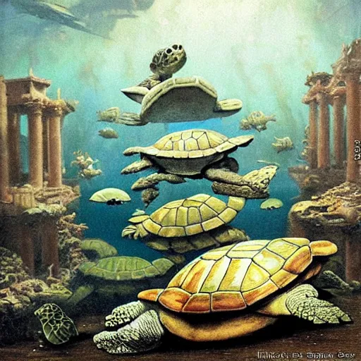 Image similar to mega turtles in an underwater ruined city of Atlantis , by Michael Sowa