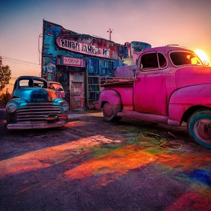 Image similar to a sunset light landscape with historical route 6 6, lots of sparkling details and sun ray ’ s, blinding backlight, smoke, volumetric lighting, colorful, octane, 3 5 mm, abandoned gas station, old rusty pickup - truck, beautiful epic colored reflections, very colorful heavenly, softlight