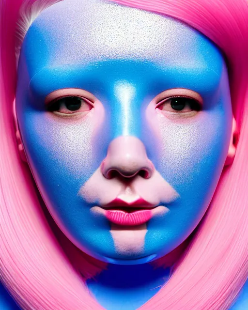 Prompt: symmetrical close - up portrait of a woman wearing a translucent silicone beauty mask and pink hair, wearing a black bodysuit by alexander mcqueen, blue background, soft diffused light, biotechnology, humanoide robot, bjork aesthetic, translucent, by rineke dijkstra, intricate details, highly detailed, masterpiece,