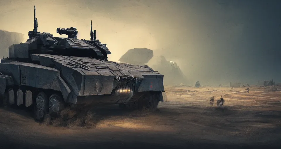 Image similar to an image of an armored vehicle in the night desert with big weapon on by Paul Chadeisson, atmospherical, concept art, high detail, intimidating , cinematic, lightning ,Sci-fi, blue headlights, heavy storm , Artstation trending, octane render
