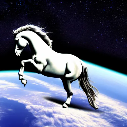 Image similar to a high fidelity photo of a horse rining on astronaut, pale colors, concept art