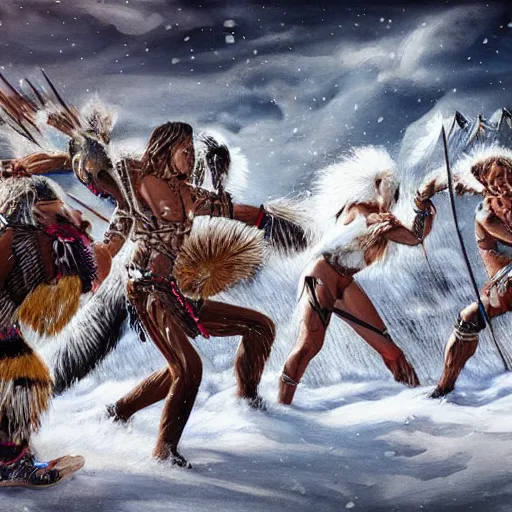 Image similar to majestic native americans fighting cyborg white men in a snowy field, art by neave bozorgi, styled like neave bozorgi, hyper realistic,