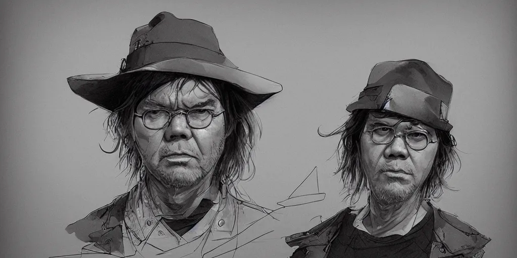 Image similar to Neil Young portrait, kim jung gi style, Greg Rutkowski, Zabrocki, Karlkka, Jayison Devadas, Phuoc Quan, trending on Artstation, 8K, ultra wide angle, zenith view, pincushion lens effect