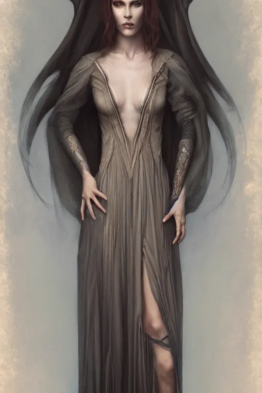 Image similar to ultra realist soft painting of a single gothic mage in a full long curvy slim dress in Elden Ring, thin long auburn hair, symmetry accurate features, very intricate details, volumetric lighting, by Tom Bagshaw Boris Vallejo