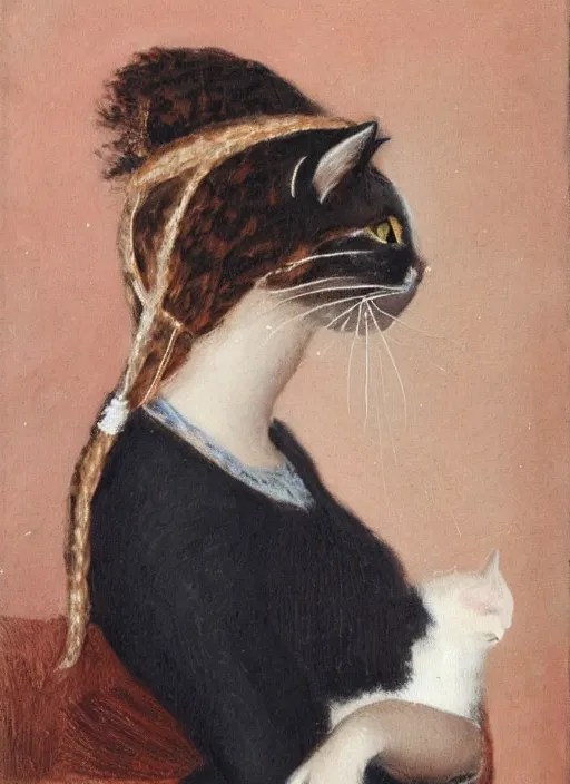 Prompt: Woman with cat in her hair