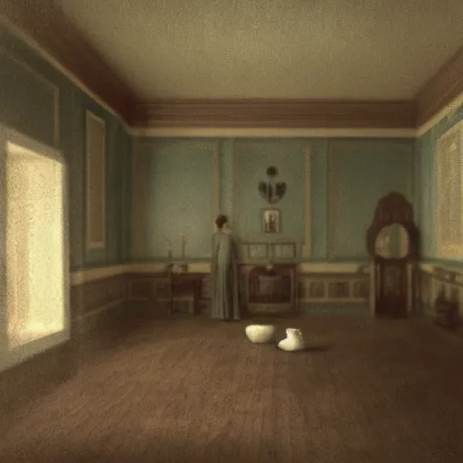 Image similar to creepy Liminal interior of RE7, in the style of Edward Hooper and Vilhelm Hammershøi and Albert Bierstadt