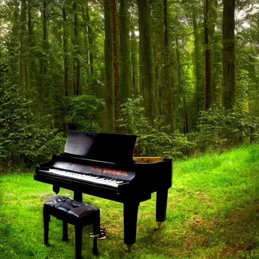 Prompt: a grand piano in a beautiful forest,