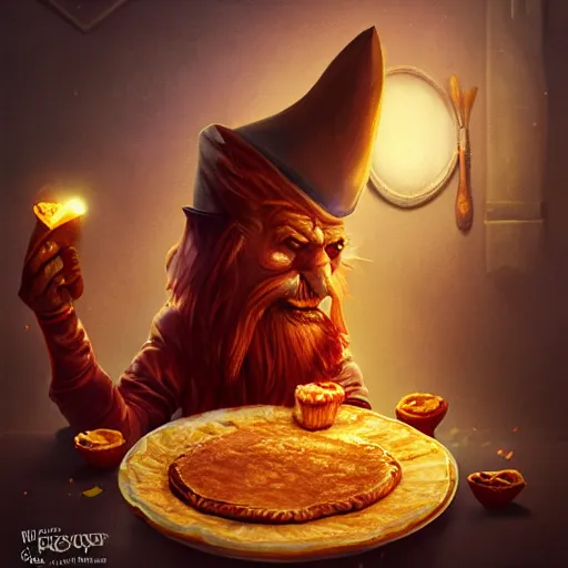 Prompt: magic wizard eating an apple pie, high detail, digital art, unreal engine, artstation, popular, magical, cinematic,