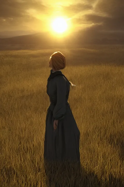 Image similar to beautiful portrait of a photo model, Portrait, Golden Hour, Rays of Shimmering Light, Natural Lighting, Artstation, by Caspar David Friedrich, by Pre-Raphaelite Brotherhood, Unreal Engine