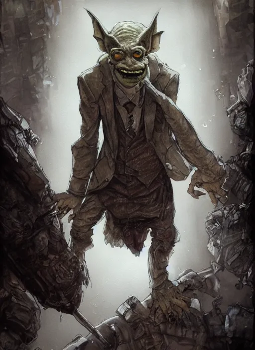 Image similar to portrait, an ugly goblin in an oversized suit and tie, watercolor, dramatic lighting, cinematic, establishing shot, extremely high detail, foto realistic, cinematic lighting, pen and ink, intricate line drawings, by Yoshitaka Amano, Ruan Jia, Kentaro Miura, Artgerm, post processed, concept art, artstation, matte painting, style by eddie mendoza, raphael lacoste, alex ross
