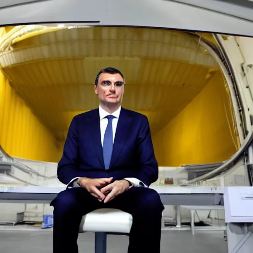 Image similar to the president of spain pedro sanchez sitting in a cooling tower of a nuclear power plant
