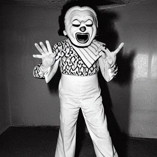 Image similar to creppy 2 0 0 1 photo of ronald mcdonald screaming in a dark room