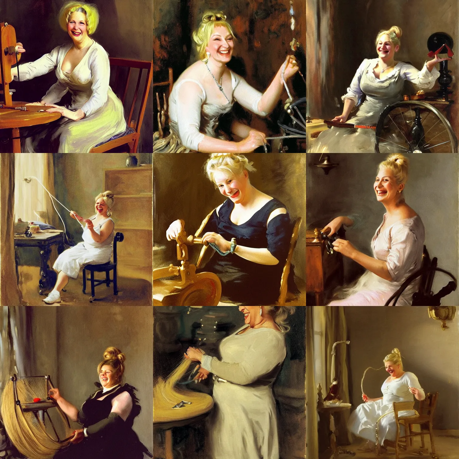 Prompt: A 50 year old blonde woman with hair in a bun, slightly chubby, who looks like Barbara Streisand, is spinning yarn on a spinning wheel, smiling, happy, content, by john singer sargent