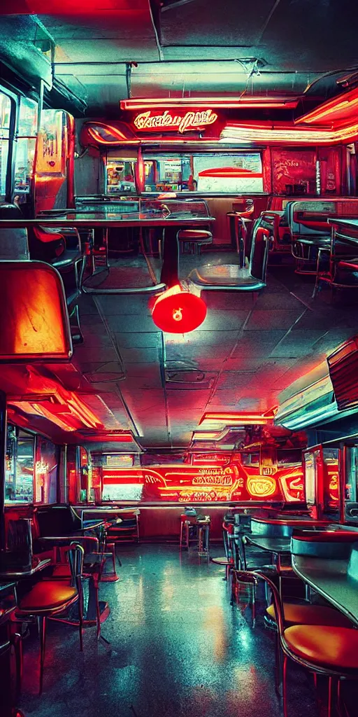 Image similar to vertical movie frame 6 0's retro diner interior, neon - decorated urban on night in the city seen through the window, modern interior design, architectural design, vintage, night blade runner, dark, postapocalyptic, clean lines, 4 k, octane, miyazaki film, lunarcore city seen at distance outside, big windows, octane, wide angle