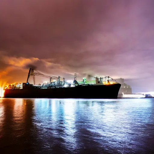 Image similar to photo of Immense industrial futuristic cargo ship arrives at cyber punk city sea port, cinematic lighting, photo