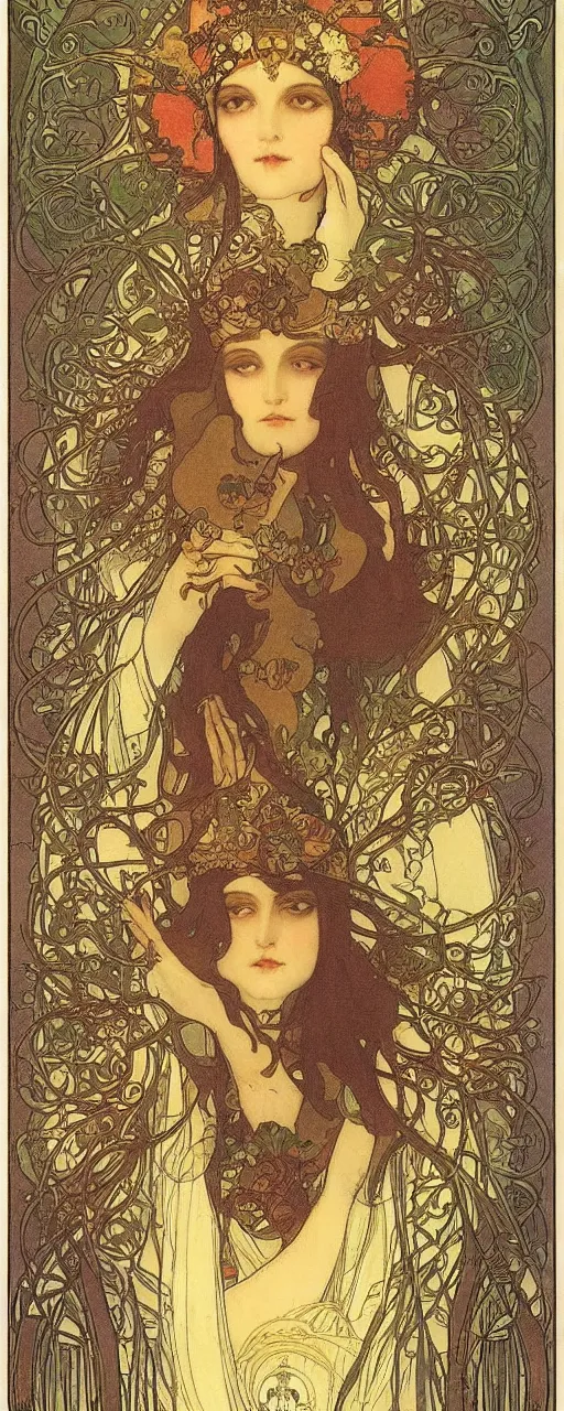 Image similar to the empress, tarot, beautiful border, by alfons maria mucha, highly detailded