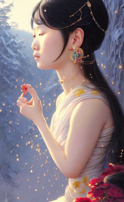 Image similar to a beautiful young charming asian goddess with sundress + jewelry + shinny eyes | | winter, symmetric, realistic shaded, unpleasant face, good looking, fine details, dior, lv, realistic shaded lighting poster by greg rutkowski, macoto takahashi, magali villeneuve, artgerm, jeremy lipkin and michael garmash