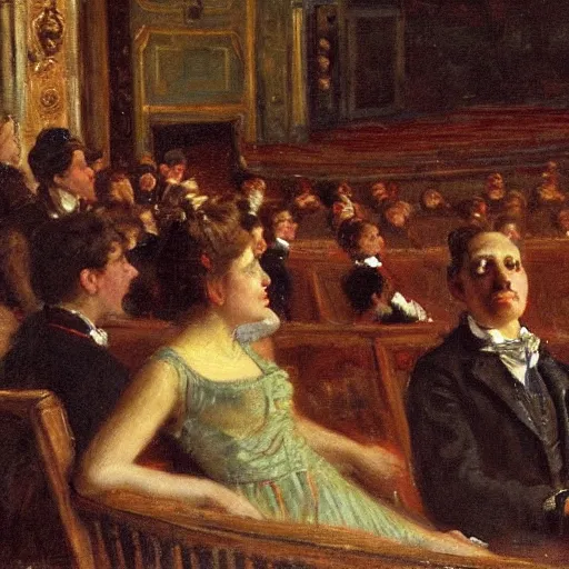 Image similar to a young man watching an actress on stage in an old theater, by alfred stevens