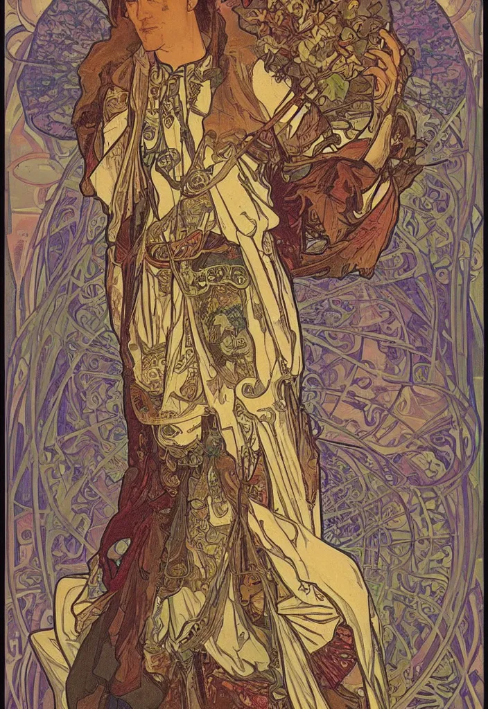 Image similar to Jurgen Schmidhuber on a tarot card, tarot in art style by Alphonse Mucha