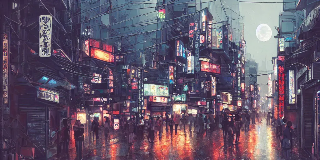 Image similar to japan style, small building, city, street, science fiction, cyberpunk, rain day, wide angle, full of people, moon, a lot of lights, cinematic lighting, high detail, digital painting, concept art, illustration, smooth, sharp focus, trending on artstation, trending on deviantart, 4 k