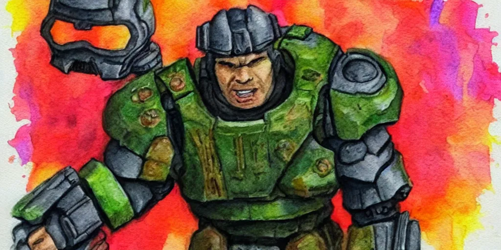 Image similar to doomguy watercolor art pastel colors pergament paper