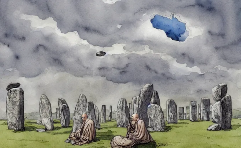 Image similar to a hyperrealist watercolor fantasy concept art of giant monk with a long forehead in grey robes sitting in stonehenge. several large stones are floating in the air. in the background a ufo is in the sky. by rebecca guay, michael kaluta, charles vess