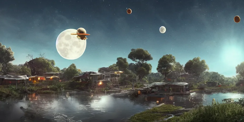 Image similar to planet cheese with wax moon, visible planets in the sky, hanging trees, floating houses, soda waterfalls, living cheese flying though the sky, Greg Rutkowski, 3d scene, trending on Artstation, 8K, ultra wide angle, pincushion lens effect.