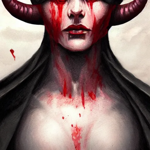 Prompt: masterpiece portrait of a clothed hooded surly and resentful female tiefling thief with red skin black sclera and horns under the hood, by Greg Rutkowski, as seen on ArtStation, 4k, dungeons and dragons, very aesthetic, very detailed, intricate, unreal, fantasy, dramatic, painterly, artstation, sharp focus, smooth