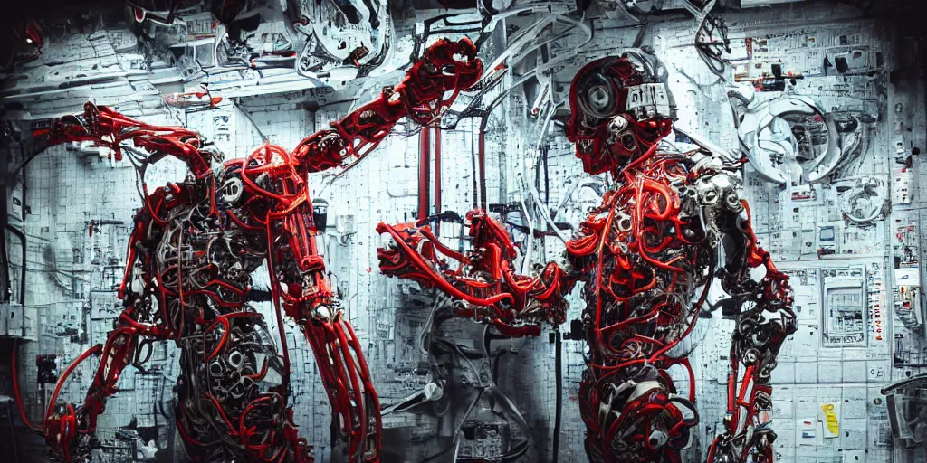 Image similar to cyborg in the data center, wired to the equipmen, red biomechanical details, wearing epic bionic cyborg implants, inflateble shapes, masterpiece, intricate, biopunk, highly detailed, artstation, concept art, cottage core, cinematic focus, polaroid photo, bleached, vintage, high - key lighting, soft lights, foggy, by tarkovsky, 8 k