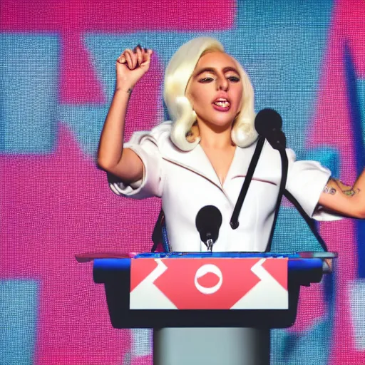 Image similar to Lady Gaga as president, Argentina presidential rally, Argentine flags behind, bokeh, giving a speech, detailed face, Argentina