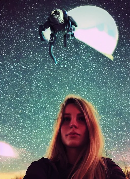 Image similar to front camera instagram selfie of a woman who is stood infront of an alien invasion of the earth, highly detailed, 4k