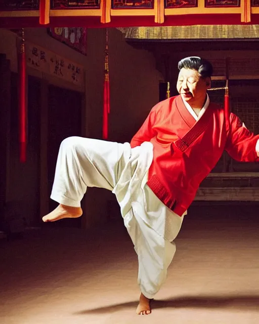 Prompt: Xi Jinping practicing karate at the Shaolin temple, photorealistic, studio lighting, photographed in the style of Annie Leibovitz