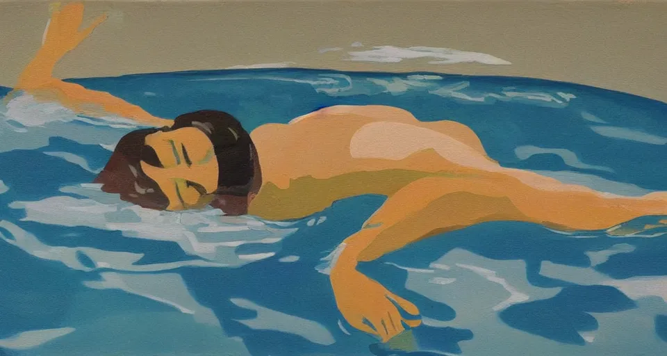 Prompt: a modernist painting of a woman swimming in a pool. sunny day. clean colours.